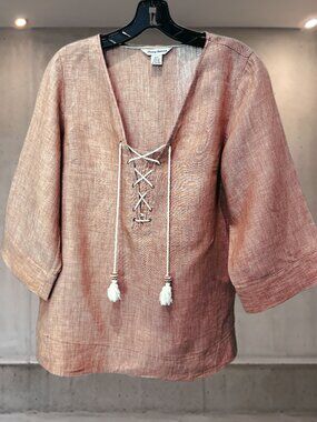 Tommy Bahama 100% Linen Lace Up Tassel Top Small Terra Cotta 3/4 Sleeve